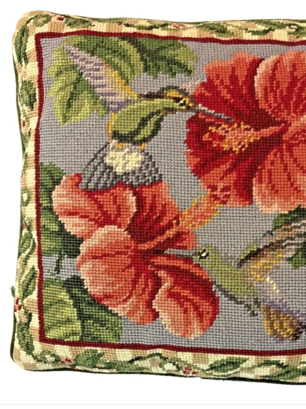 Vtg Crewel Embroidered Velvet Throw Pillow Humming Birds Hibiscus Flowers Green